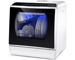 AIRMSEN Mini Vaatwasser - 5L Waterreservoir - 4 Couverts - 6 Programma's - 42.5cm - Vrijstaande Afwasmachine - 2 Watertoevoermodi - Camping & Kleine Keuken - Zwart/Wit