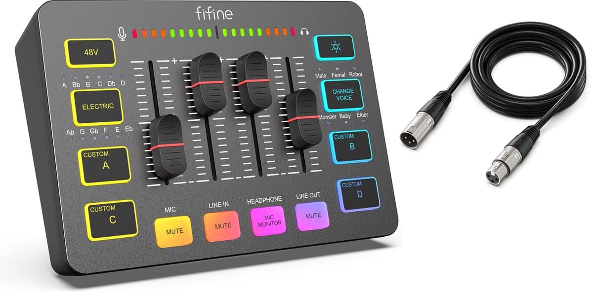 FIFINE SC3 + XLR Kabel - Streaming Deck - DJ Mixer - Gaming Mixer - Podcast / Stream / Gaming - XLR Aansluiting - Line-in - Voice Changer - Zwart — afbeelding 1