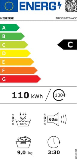 Hisense DH3S902BWCC - Condensdroger - 9 kg - Vrijstaand - Voorbelading - Warmtepomp - Wit - Draaiknop - TouchControl - 63 dB(A) - Ion Refresh - Allergy Care - Auto Dry — thumbnail 9