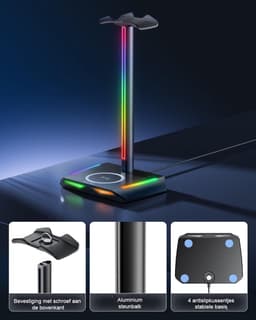 RGB Hoofdtelefoonstandaard met Draadloze Oplader - Gaming Headset Houder - Hoofdtelefoonhouder met USB en Type-C Poorten - 11 Verlichtingsmodi - Accessoire Organizer - Gaming Bureau Gadget - Zwart — thumbnail 5
