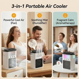 Draagbare airconditioner met ventilator, 3 snelheden en 3 nevelstanden, persoonlijke luchtkoeler, 600 ml reservoir, tafelventilator met RGB-verlichting, oplaadbare mini-airco — thumbnail 5