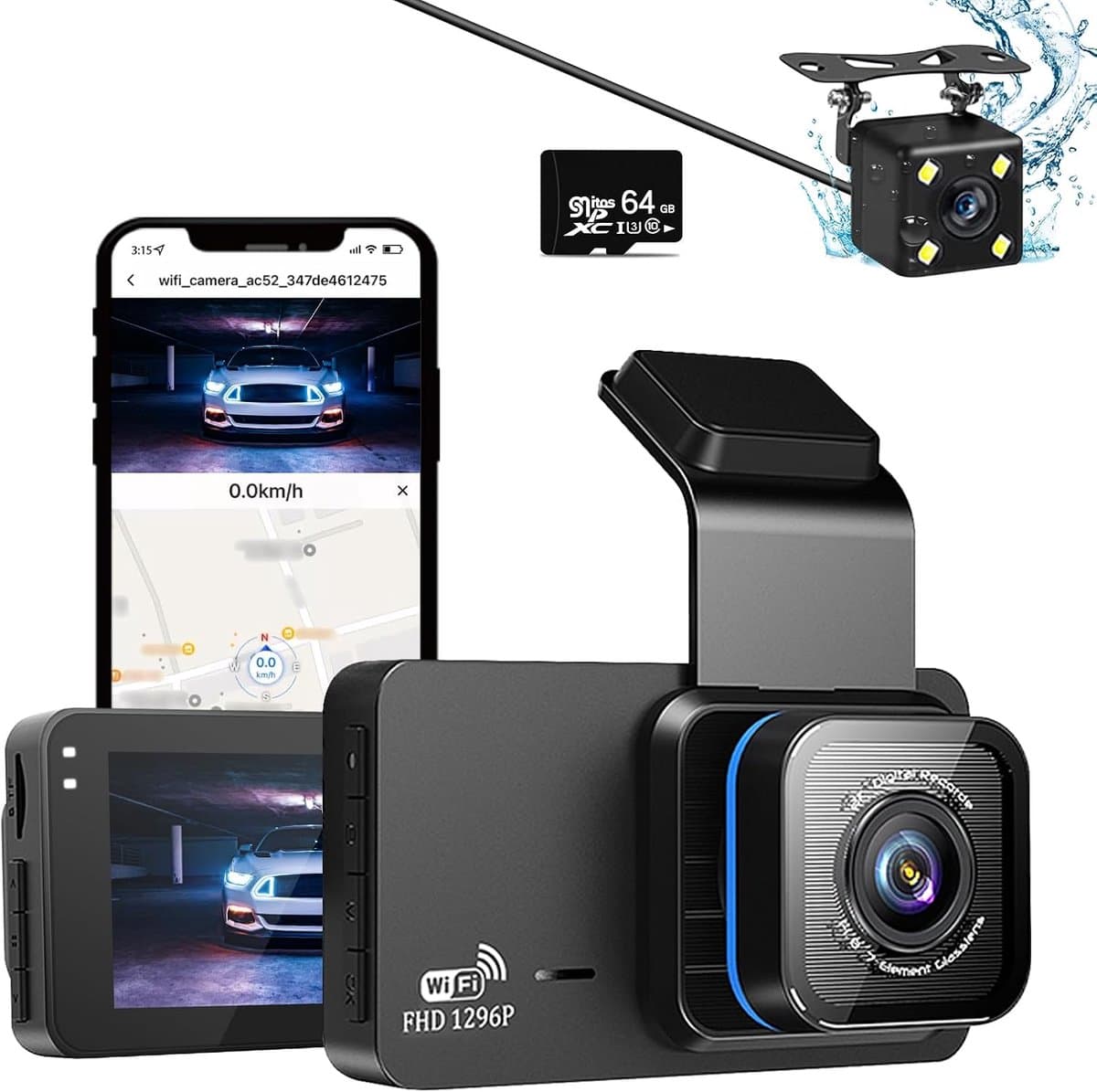 1296P Dash Cam voor en achter dubbele lens Dashcam WiFi GPS in auto camera Dashboard Camera met 64 GB SD-kaart, nachtzicht, Full HD, Loop opname, 140 groothoek, APP-bediening, 3 inch IPS-scherm, Max — afbeelding 1