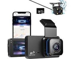 1296P Dash Cam voor en achter dubbele lens Dashcam WiFi GPS in auto camera Dashboard Camera met 64 GB SD-kaart, nachtzicht, Full HD, Loop opname, 140 groothoek, APP-bediening, 3 inch IPS-scherm, Max