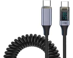 De Beste Gadgets 100W Oprolbare USB-C naar USB-C Snellaadkabel met Display – USB Oplaadkabel - Verstelbare Type-C Kabel voor Laptop, Smartphone & Tablet – Compact & Universeel