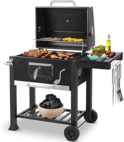 LUMÈ STORE Houtskool BBQ Grill – Trolley Barbecue met Deksel & Thermometer – Groot – Met Wielen, Zijtafel & Aslade – Zwart — thumbnail 1