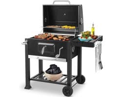 LUMÈ STORE Houtskool BBQ Grill – Trolley Barbecue met Deksel & Thermometer – Groot – Met Wielen, Zijtafel & Aslade – Zwart
