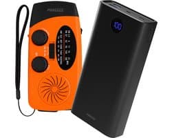Noodpakket Set - Noodradio Solar Opwindbaar + 30.000 mAh Powerbank - Draagbare Survival Crank Radio FM/AM/SW met Handslinger, LED Zaklamp & SOS - Camping - Oranje