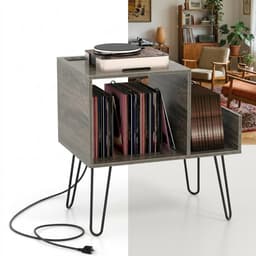 Platenspeler Meubel - LP-kast - Platenspelerkast - Draaitafelstandaard - Platenspelerstandaard - Vintage Displayplank - Grijs — thumbnail 1