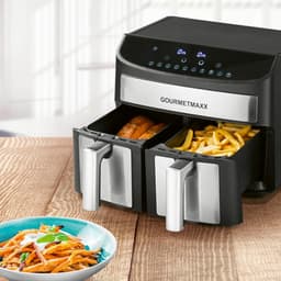 Heteluchtfriteuse Dubbele Kamer - Airfryer Twee Bakken - Vetarm Koken - Synchro Kookzones - 7 Liter Totaal - Roestvrij Staal Zwart — thumbnail 4