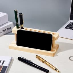 Houten penhouder met 9 vakken en telefoonhouder voor bureau, ideaal voor school en kantoor, 7.8 x 3.1 x 2.7 inch — thumbnail 3