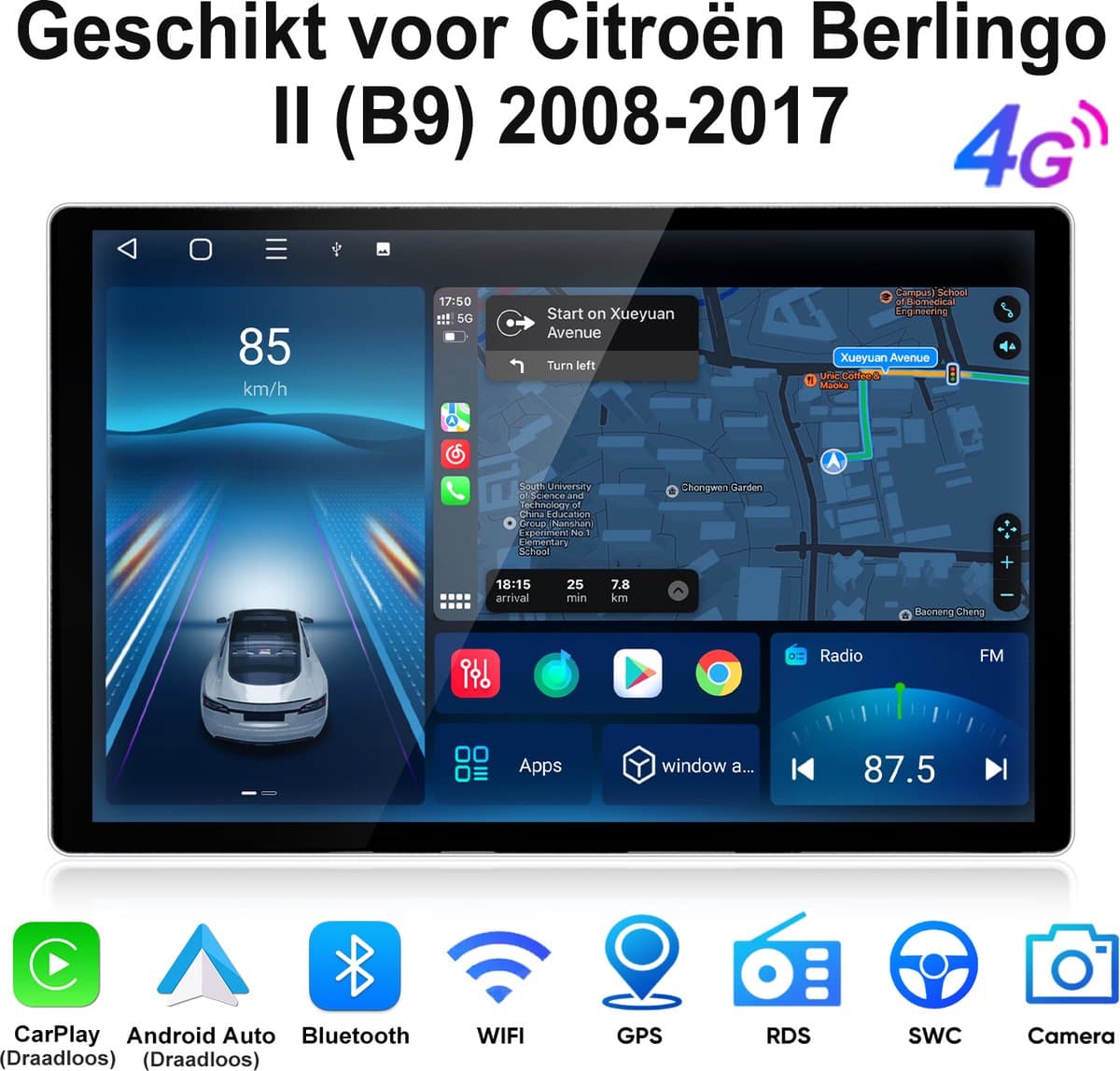 Junsun Android 15 Autoradio Geschikt voor Citroën Berlingo II (B9) 2008-2017 Accessoires, 4GB+64GB, Draadloze CarPlay & Andriod Auto, DAB+, GPS-navigatiesysteem, Bluetooth, Stuurwielbediening, WiFi, 13,1-inch 2K Touchscreen, DSP, Octa-core processor — afbeelding 1