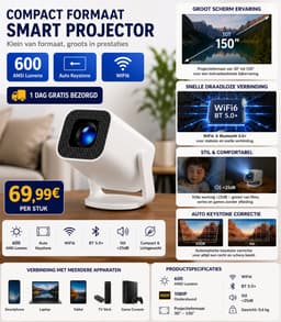 Nieuwste Draagbare 4K Android 14 Projector – Beamer met 600 ANSI Lumen, Auto Focus, Dual WiFi & Bluetooth 5.0 – 150 Inch Home Cinema Projector — thumbnail 1