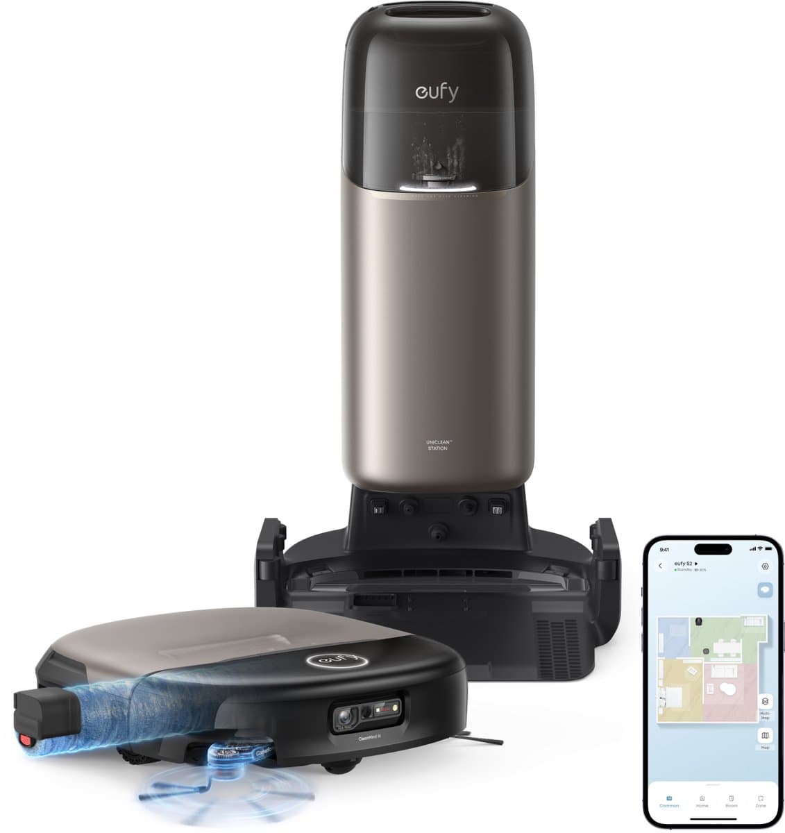 eufy S2 Nieuw 2026 Stofzuiger- en Dweilrobot HydroJet, 30kPa AeroTurbo™ 2.0-Zuigkracht, Vloerreinigingssysteem 2.0, EcoClean™ Elektrolyse, Randreiniging, Haarvrije DuoSpiral™ Borstels, 12-in-1 UniClean™ Station — afbeelding 1