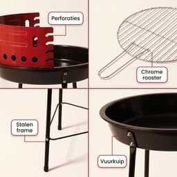 Cheqo® Houtskool Barbecue - Ronde BBQ op 3 Poten - Staande Barbecue - Grillrooster met Windscherm - Verstelbaar Rooster voor Tuin en Balkon - Buitenbarbecue - Houtskoolbarbecue - Rood - Camping BBQ - Grillen voor Buiten - Picknick — thumbnail 3