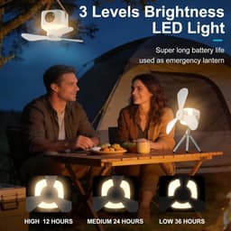 Campingventilator - Draagbare campingventilator - Ventilator - Met verlichting en afstandsbediening- Met 4 snelheidsstanden en timerfunctie 3 standen nachtlampje - Meerdere plaatsingsmethoden met statief - voor luifel strand camper - Beige — thumbnail 4