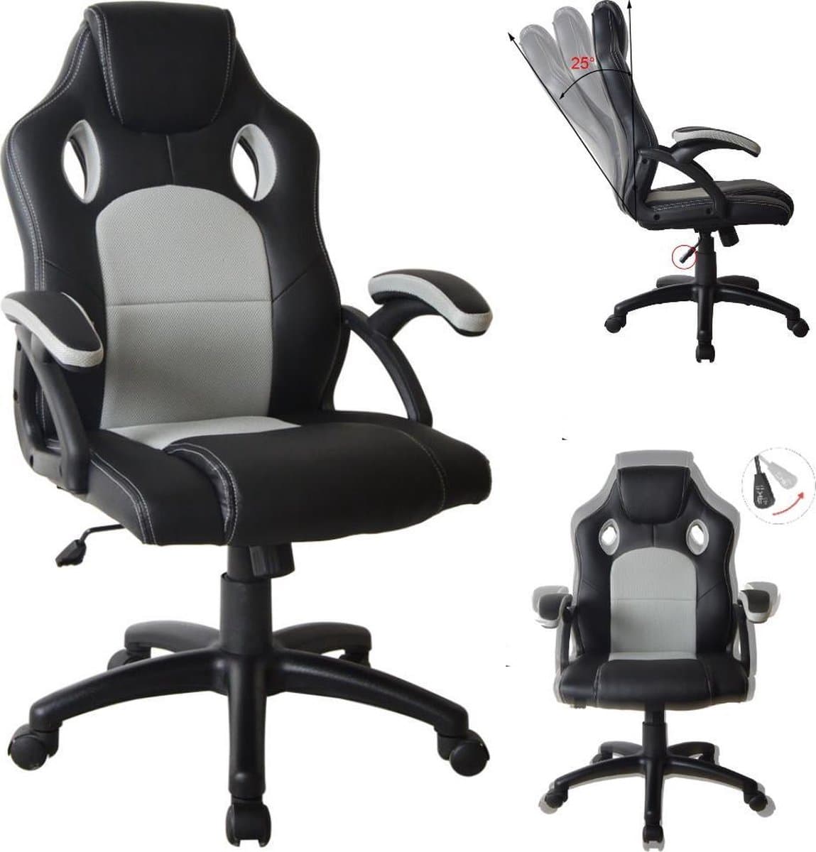 Gamestoel Wouter junior bureaustoel - racing gaming stijl - hoogte verstelbaar - zwart grijs — afbeelding 1