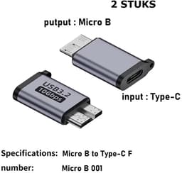 Adapter USB C naar Micro B (2 stuks); USB 3.0 kabel 10 Gbps voor USB C harde schijf; compatibel met Toshiba; HDD; Seagate; WD; Galaxy S5 Note 3; HDD enz. — thumbnail 1