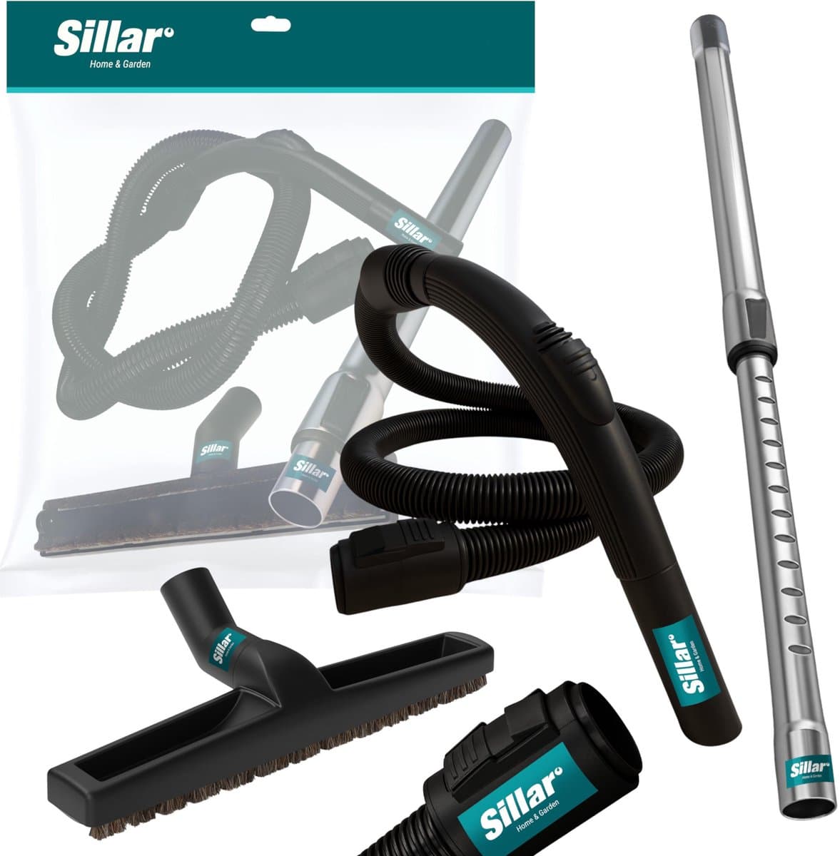 Sillar, set 3 accessoires voor stofzuigers: zuigslang 200 cm, telescopische buis 56-92 cm, stofzuigerborstel, mondstuk met natuurlijke borstelharen, vervanging voor KARCHER A MV SE WD — afbeelding 1