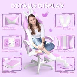 Soontrans - Gamingstoel - Ergonomische Gamingfauteuil - Voetsteun PC -Stoel - Gamingstoel Met Hoofdsteun - Lendenkussen Racecomputerstoel Met Konijnenoren - Ergonomische Bureaustoel -Paars — thumbnail 4