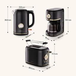 Klarstein Victoria ontbijtset – broodrooster voor 2 sneetjes met 7 bruiningsstanden, waterkoker van 1,7 liter, filterkoffiezetapparaat voor 12 kopjes, roestvrij staal, retro design, broodjesrek, warmhoudfunctie, zwart — thumbnail 3