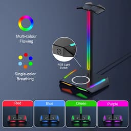 RGB Koptelefoonstandaard met Draadloze Oplader - Gaming Headset Houder met 3 USB poorten, Hoogwaardig Aluminium + TPU Materiaal, Gradient Verlichtingseffecten — thumbnail 5