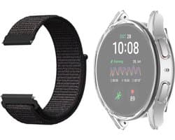 Strap-it Nylon band Zwart + TPU Case Transparant - Geschikt voor Samsung Galaxy Watch 7 44mm - Bescherming hoesje voor Galaxy Watch 7 44mm smartwatch - Zachte nylon band zwart + TPU Case Transparant