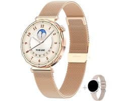 Knobbout 1.6” Elegant Design Smartwatch met Bluetooth Bellen – AI Spraakassistent - Muziekbediening - Vrouwelijke Gezondheidszorg - Sporttracking- Multifuntioneel Horloge - Gouden staal + silicone band