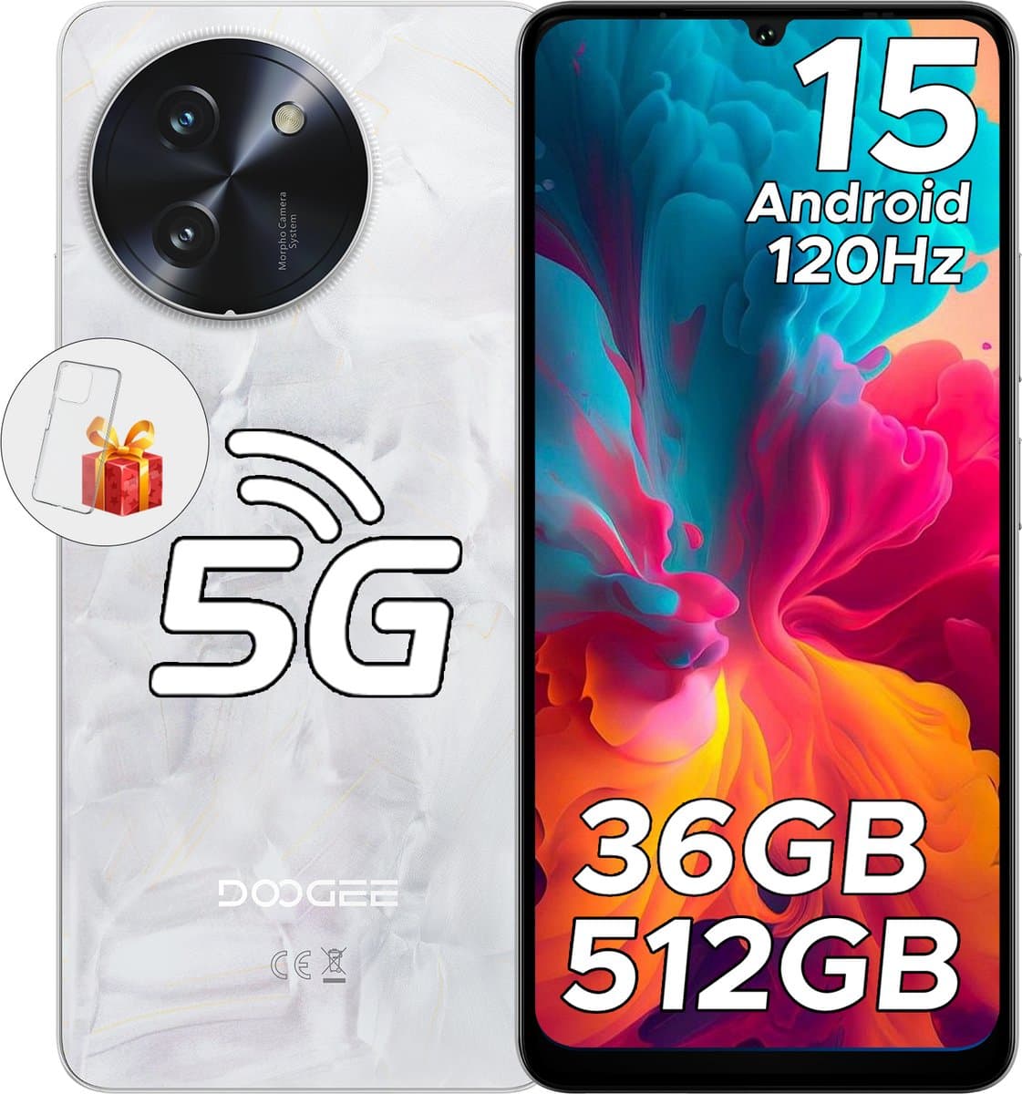 DOOGEE Note59 Pro+ 5G - Mobiele telefoon - Smartphone - 36 GB RAM+ 512 GB ROM - Android 15 - 6,75 in HD+ 120 Hz - 6250mAh/18W - UNISOC T8200 - Camera 50 MP - Face ID - GPS - Wit — afbeelding 1