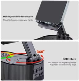 Bluetooth-luidsprekerstandaard, 360° draaibare multifunctionele audio- en videostandaard met HiFi-surroundgeluid, draagvermogen van 8 kg voor telefoons en tablets, TWS/FM/RGB/NFC — thumbnail 5