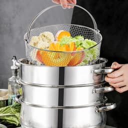 2stuks - Frituurmandje - Roestvrij staal - Airfryer-rek - Stapelbaar - Stoommandje - Multifunctioneel grillrek - Filterrek voor voedseldehydrator - Rond - zilver — thumbnail 3