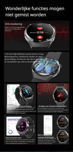 DrPhone ChronaX4 Smartwatch – ECG, Bloedglucose, SpO2, Urinezuur, Lichaamssamenstelling, Bluetooth Bellen, 158 Sportmodi, Slaap & HRV, IP67 – Zwart — thumbnail 4