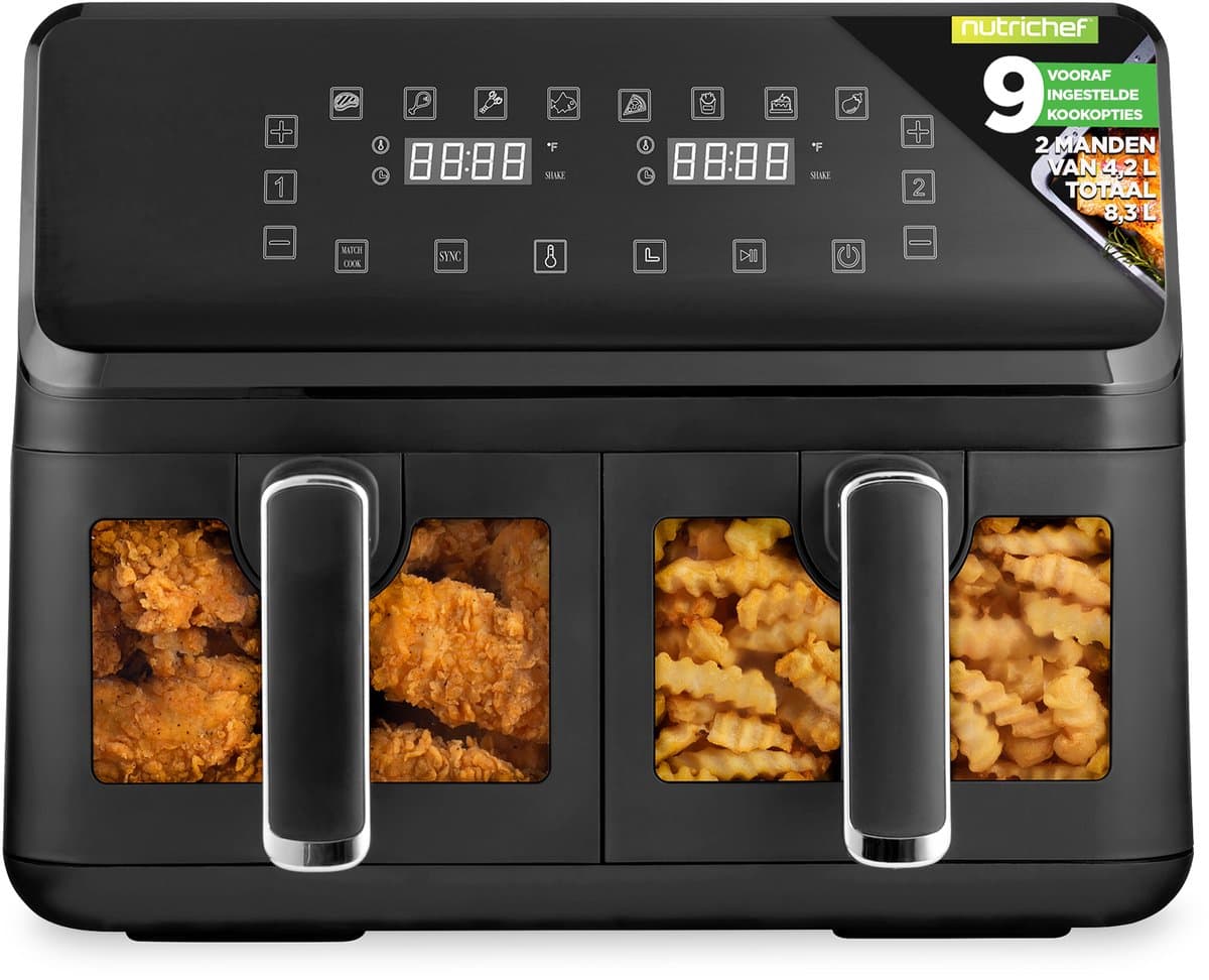 Nutrichef Dubbele Airfryer – 8.4L- 9-in-1 Programma’s, Olievrij Bakken, Transparant Venster – Zwart — afbeelding 1