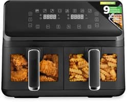Nutrichef Dubbele Airfryer – 8.4L- 9-in-1 Programma’s, Olievrij Bakken, Transparant Venster – Zwart