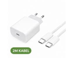 Oplader met USB-C aansluiting Set 25W - Snellader - Inclusief USB-C naar USB-C kabel 2 meter - Oplader - Adapter - Lader - Oplader Set - Geschikt voor Apple iPhone 15 16 17 iPad - Fast - Charger - Cable - Braided - Tablet - Pro - Plus