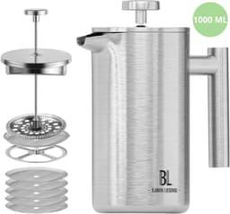 Bjørn Liebdhal Premium Cafetiére, Dubbelwandig, Roestvrij Staal, 1000 ml - French Press Koffiemaker - Geschikt Voor Koffie, Melkopschuimen & Thee — thumbnail 1