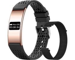 WizBay Premium Select® Smart Bracelet 2026 - Ultradun 2,8 mm - Hartslag en SpO2 - Slaapmonitor - 5ATM Waterdicht - Fitness Tracker - IPS Screen - Android en iOS - Goud - Siliconen en Gewoven Siliconen Band Zwart