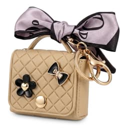 Abrikoos kleurig hoesje voor oordopjes dames met strik en decoratieve details geschikt voor AirPods 4 kunstleer hardcase met ring en lint — thumbnail 1