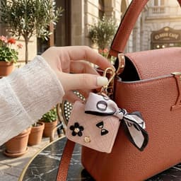 Roze hoesje voor oordopjes dames met strik en decoratieve details geschikt voor AirPods 4 kunstleer hardcase met ring en lint — thumbnail 5
