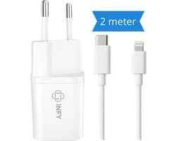 USB-C Snellader 20W met USB-C naar Lightning Kabel 2 Meter – Geschikt voor iPhone t/m 14 – Compacte Power Delivery Oplader – Wit