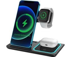 Evy24 3-in-1 Draadloze Oplader 15W – Qi Wireless Charging Station voor Smartphone, Smartwatch & Earbuds – Snellader – Zwart
