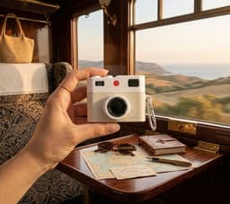 Wit hoesje voor oordopjes unisex in retro camera vorm met karabijnhaak geschikt voor AirPods 4 met reliëf details en compact ontwerp — thumbnail 2