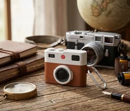 Bruin wit hoesje voor oordopjes unisex in retro camera vorm met karabijnhaak geschikt voor AirPods Pro 3 met leerlook structuur en reliëf details — thumbnail 2