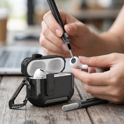 Zwart robuust hoesje voor oordopjes met carbon look geschikt voor AirPods Pro 3 inclusief schoonmaakset en karabijnhaak – schokbestendig en duurzaam — thumbnail 4