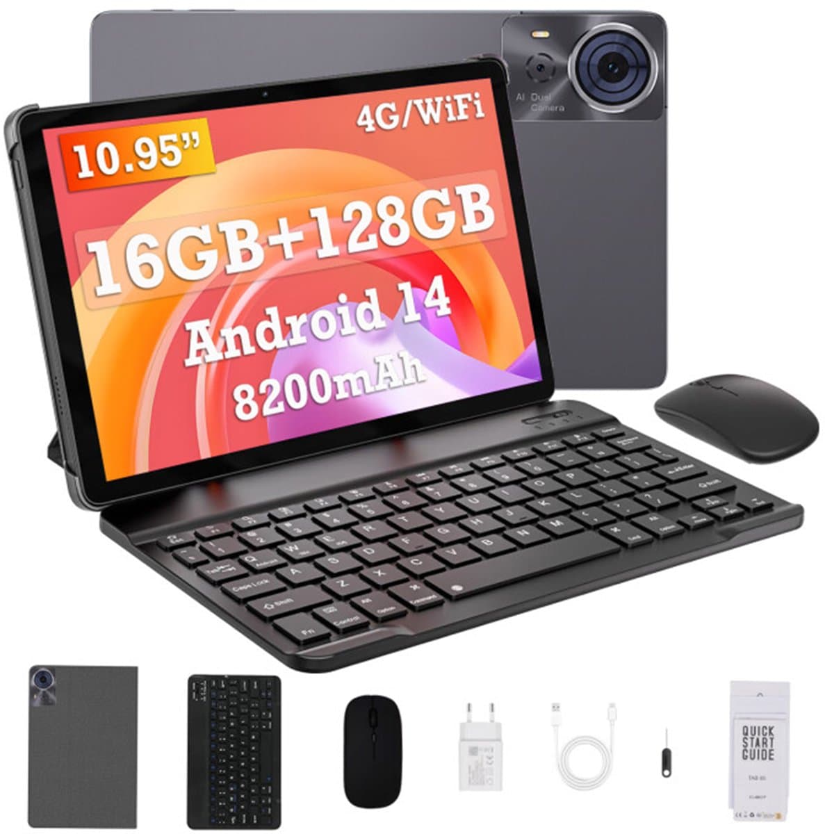CUBOT TAB 70 Tablet - 16GB RAM 128GB ROM - 8200 mAh - 10.95 inch - Dual SIM 4G - Android 14 - Met Toetsenbord(QWERTY), Beschermhoes, Muis- Grijs — afbeelding 1