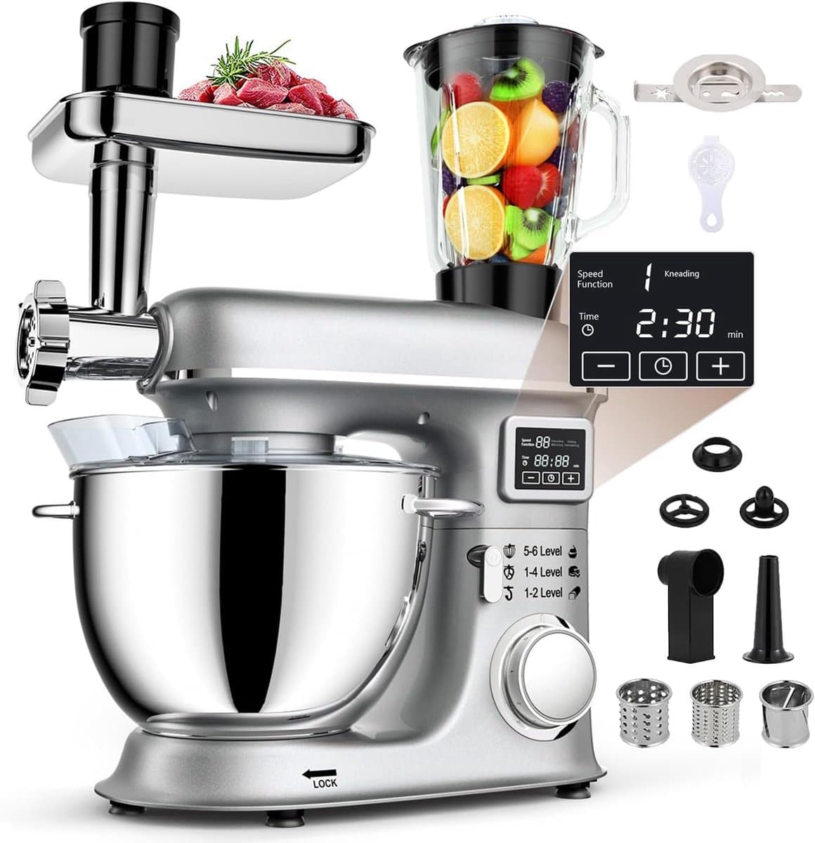 Keukenmixer - Bakmachine Beslagmaker - Veelzijdige Keukentaken - 7 Snelheden Digitale Display - 8 Liter Kom - Zilver — afbeelding 1