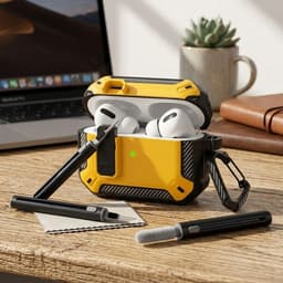 Geel robuust hoesje voor oordopjes met carbon look geschikt voor AirPods Pro 2 inclusief schoonmaakset en karabijnhaak – schokbestendig en duurzaam — thumbnail 3