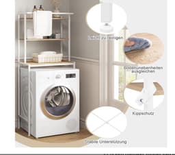Wasmachinerek, wc-rek voor boven wasmachine, toilet, wasmachinekast, bovenbouwkast, toiletkast, 3 planken, handdoekhouder, metaal hout, 67 x 162 x 40 cm, wit — thumbnail 4
