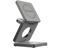 Mastersøn 3-in-1 Magnetische Draadloze Oplader - Geschikt voor MagSafe & Qi2 - 15W Oplaadstation voor iPhone, Apple Watch & AirPods - Opvouwbaar & Compact - Space Grey