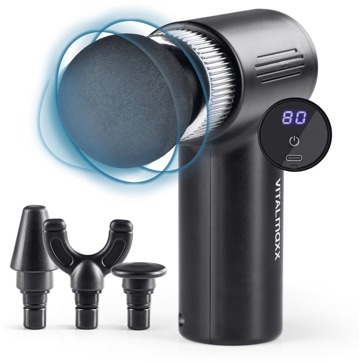 VITALmaxx massagepistool met 6 standen | Massagetoestel met 4 opzetstukken | Werkt op batterijen tot 90 minuten en oplaadbaar via USB-C | Bijzonder licht en handzaam voor onderweg en tijdens het sporten [zwart/zilver] — afbeelding 1