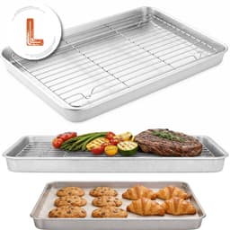 Braadslede met Afkoelrooster 304 RVS - 26,4 x 20,5 x 3 cm – Bakplaat voor Oven, BBQ & Airfryer – Zilver — thumbnail 1